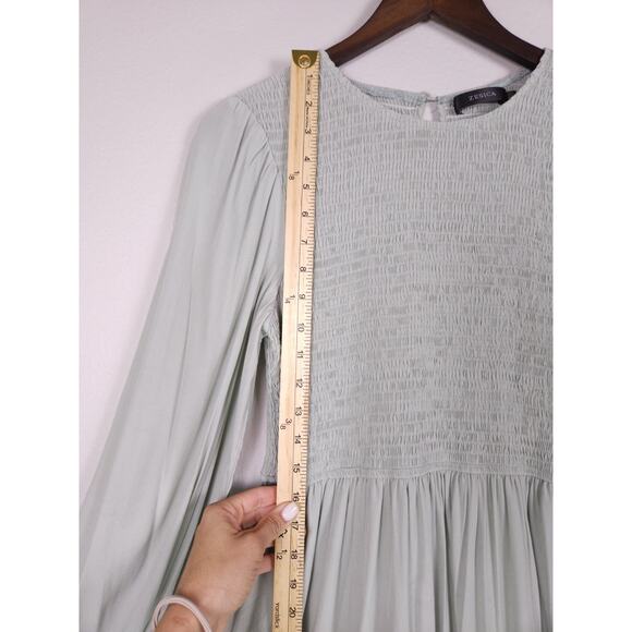 ZESICA Size L Smocked Long Sleeve Ruffle Hem Dress Light Sage Green - Picture 11 of 15